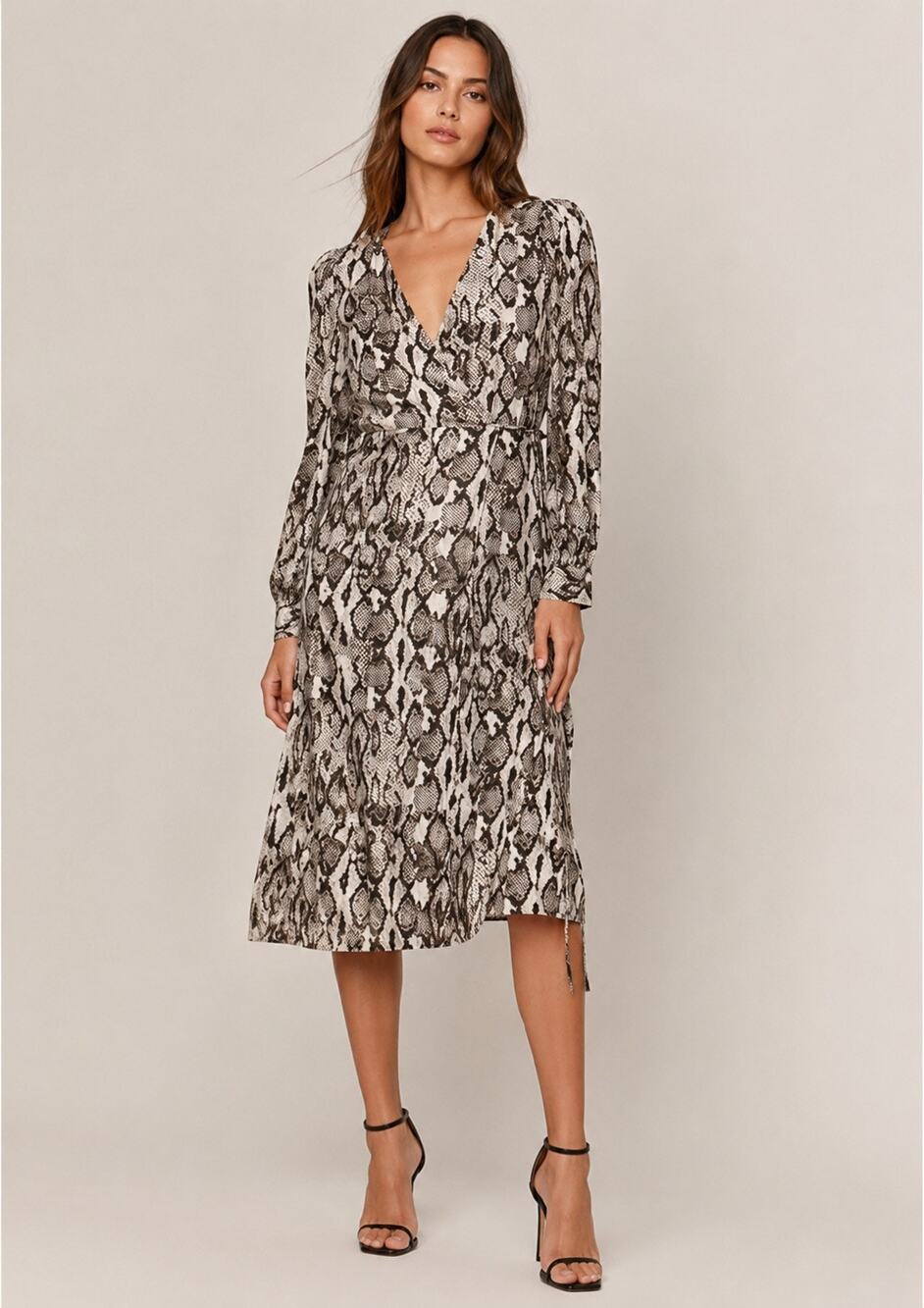Fifteen Twenty Cross-Front Midi Snakeskin Wrap Long Sleeve Dress Size S
